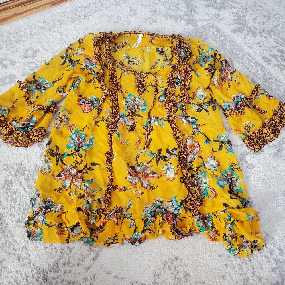 Anthropologie Ruffle Yellow Mesh Blouse - Picture 3 of 8